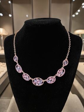 Rose Gold Lavender Pink Crystal Link Necklace Oval Statement Lobster Clasp